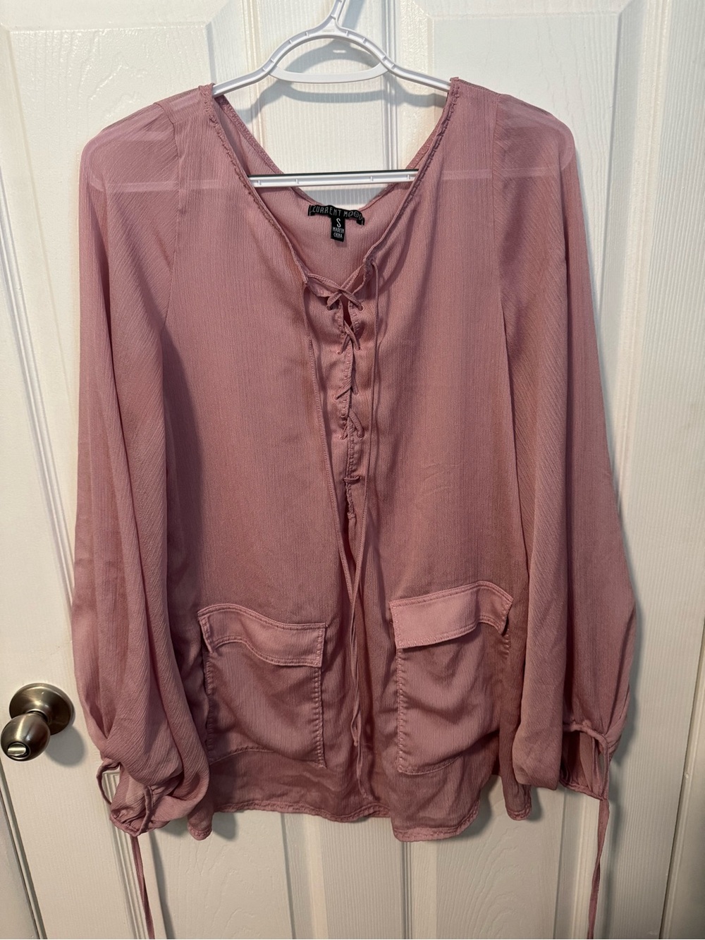 Current Mood Mauve Lace-Up Long Sleeve Blouse